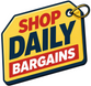 A yellow price-tag style sign with a hanging loop, reading “SHOP DAILY BARGAINS” in red and dark blue text on a white background.